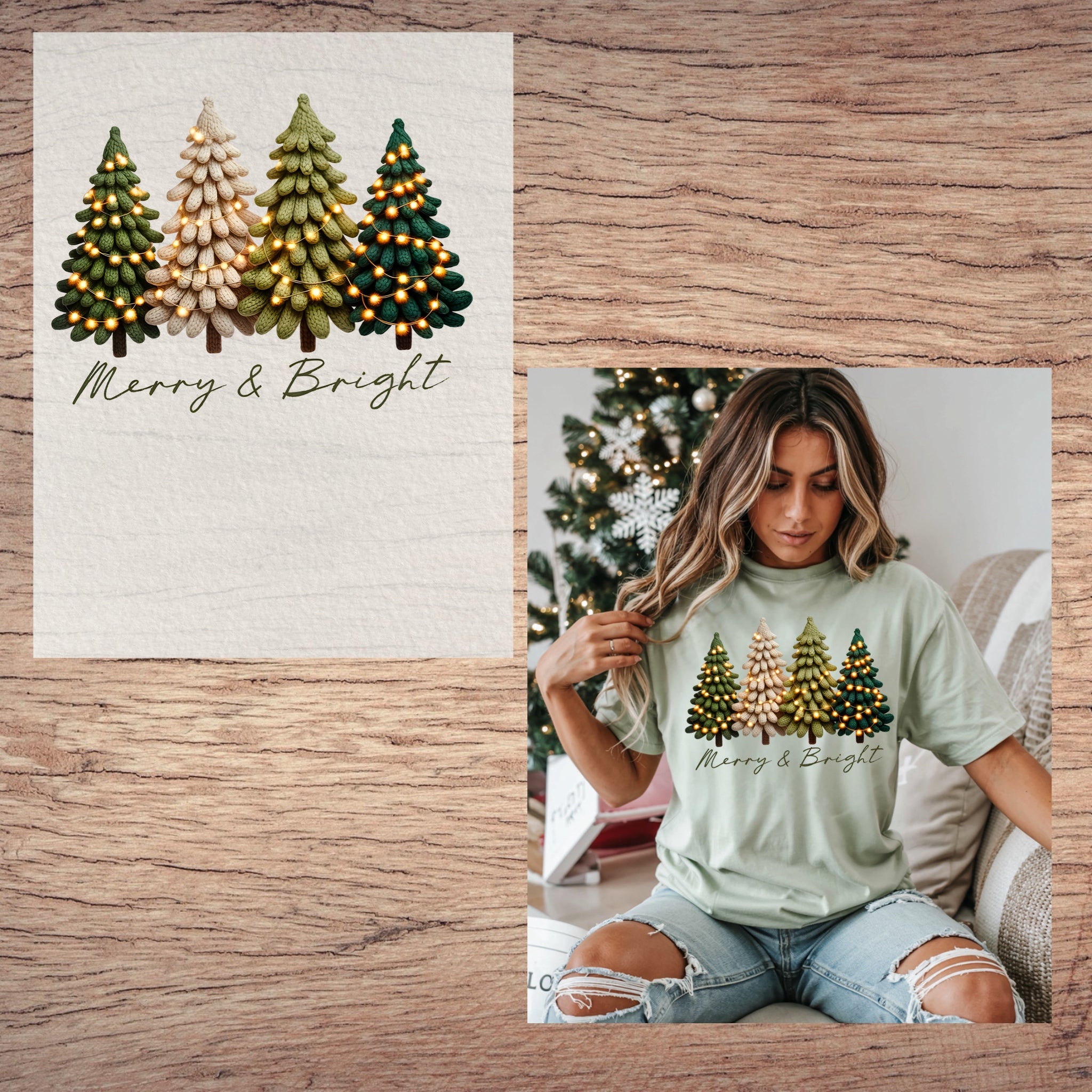 Merry and Bright faux yarn trees short sleeve custom colors t-shirt