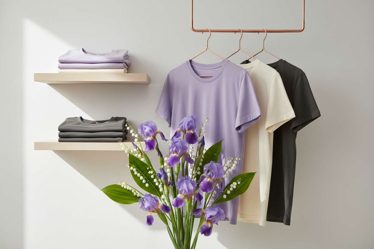 Create a simple backdrop image with t-shirts, iris, and lily of the valley